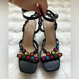 Rampage Black Strappy Heels with Colorful Dot Accents